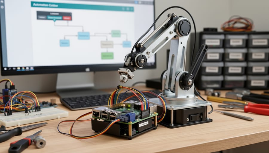 Raspberry Pi board with camera module and servo motors assembled into DIY robotic arm on workbench
