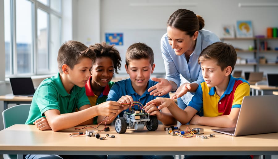 Diverse middle school students assemble a small wheeled robot driven by a Raspberry Pi board on a classroom table while a teacher guides them, with soft daylight and a blurred classroom background.