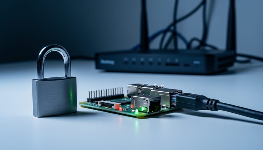 Close-up of a Raspberry Pi 4 with Ethernet cable and a metal padlock on a desk, link LEDs glowing, with a blurred router and cables in the background under cool side lighting.