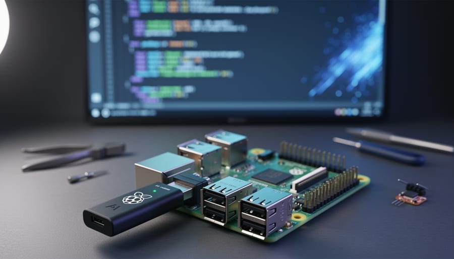 Close-up of an unbranded USB AI accelerator connected to a Raspberry Pi 4 on a desk, with a softly blurred monitor and tools in the background.