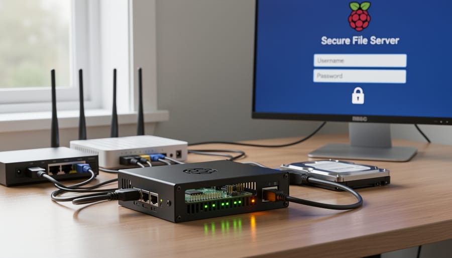 Raspberry Pi file server setup with external storage drives on home office shelf