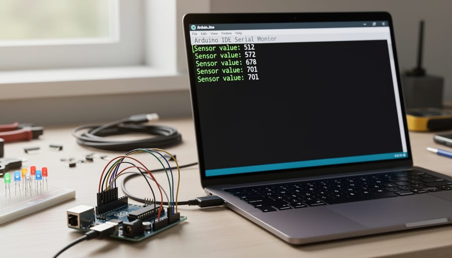 Arduino IDE Serial Monitor displaying real-time debug output on computer screen