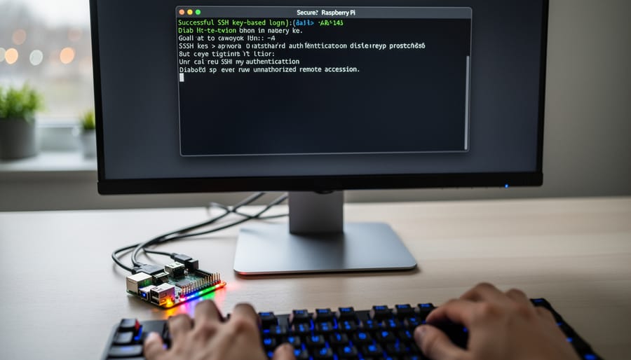 Person configuring SSH security settings on laptop with Raspberry Pi visible on desk