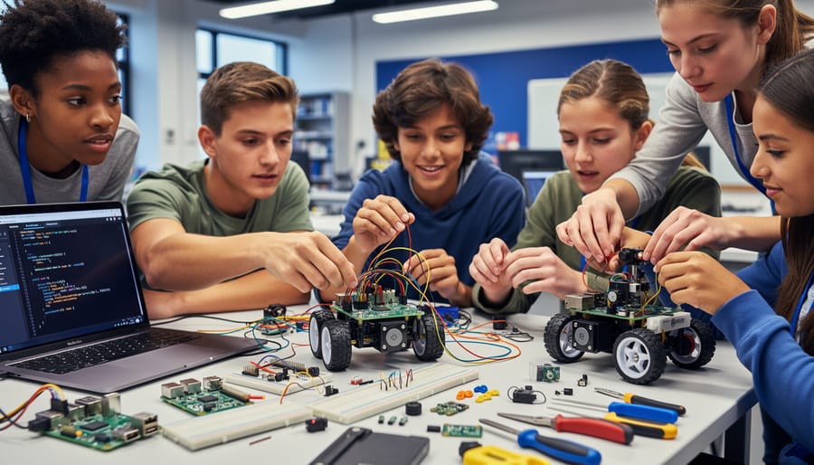 Middle school students collaborating around a Raspberry Pi-powered robot in classroom setting