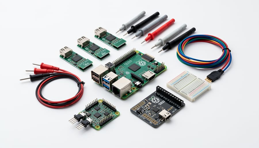 Overhead view of Raspberry Pi test equipment components including boards, modules, and cables
