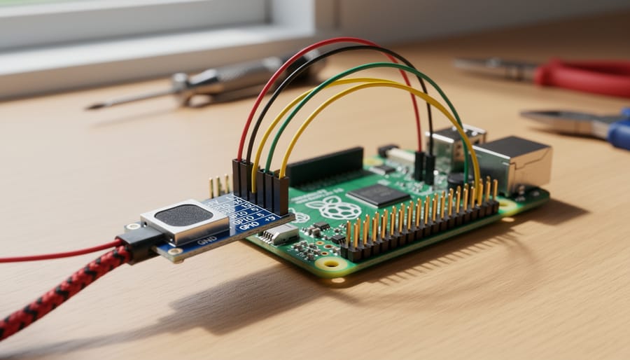Hands connecting jumper wires between fingerprint sensor and Raspberry Pi GPIO pins