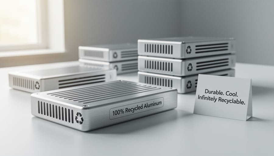 Close-up of aluminum Raspberry Pi enclosure with integrated heat sink cooling fins