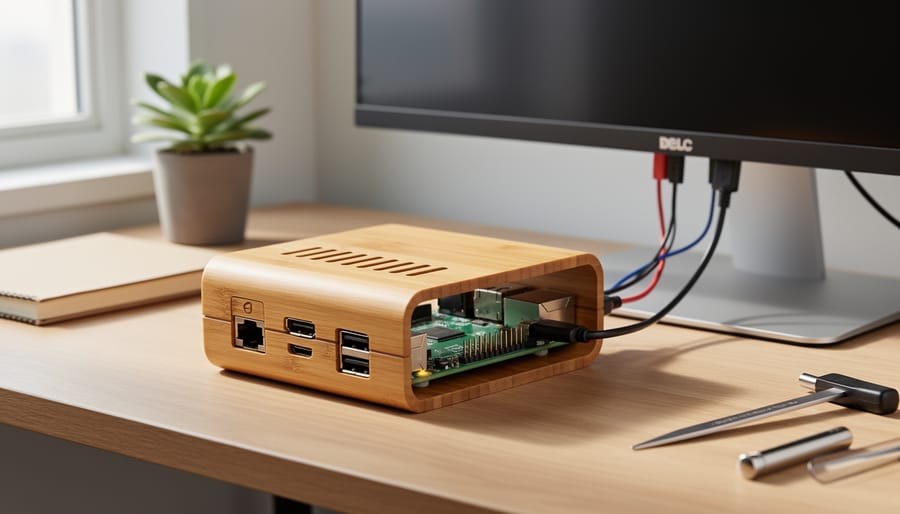 Raspberry Pi board in natural bamboo wood case on desk with plant