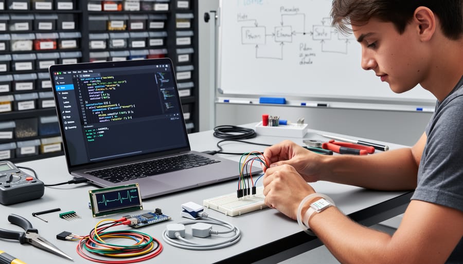 Person programming Raspberry Pi patient monitor with laptop and circuit board on desk
