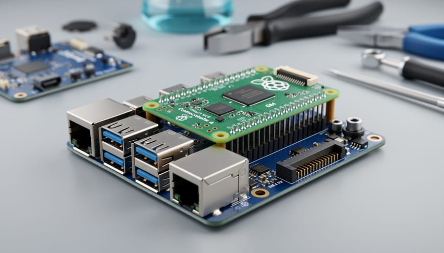 Close-up of a Raspberry Pi Compute Module 4 installed on a versatile carrier board with visible USB, Ethernet, camera connectors, M.2 slot, and PCIe header, photographed from a 45-degree angle with other boards and tools blurred in the background.