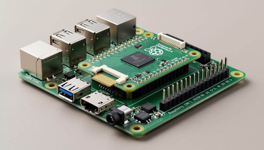 Raspberry Pi Compute Module 4 installed on a carrier board showing various ports and connections