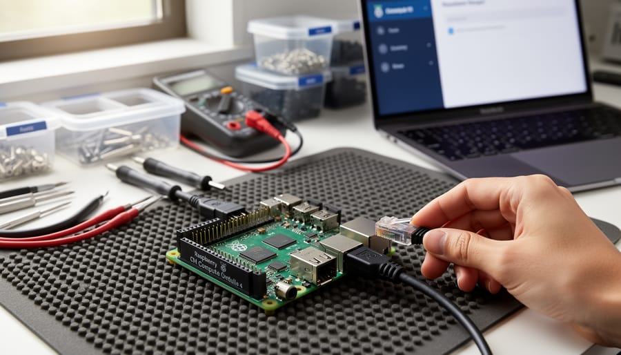 Person connecting cables to CM4 carrier board during initial setup process