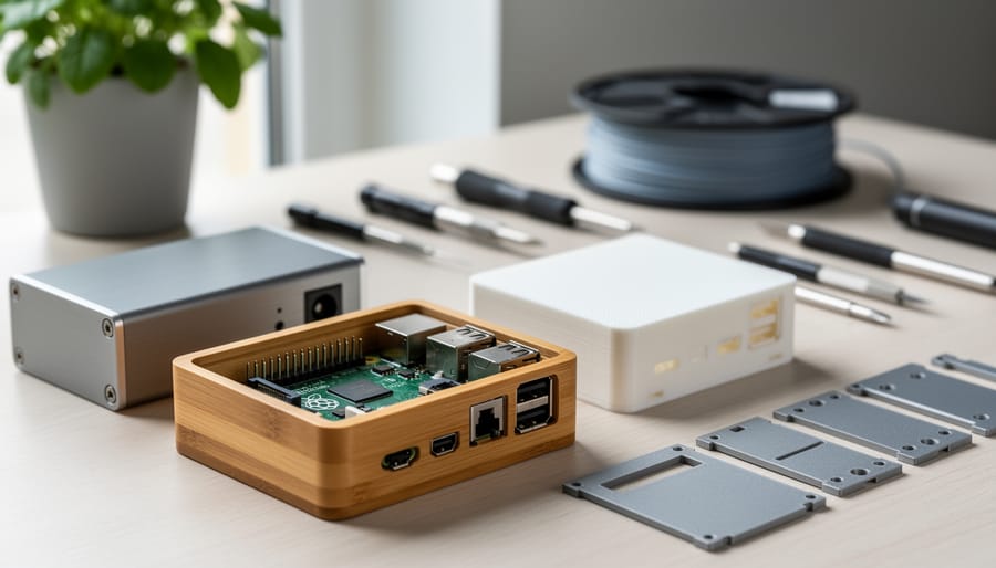 Close-up angled photo of a Raspberry Pi in an open bamboo case with recycled aluminum and white PLA cases behind on a desk, soft natural daylight, shallow depth of field, plant and tools blurred in the background.