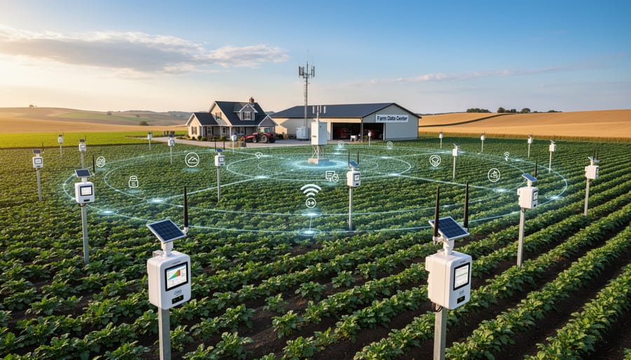 Aerial view of multiple sensor stations deployed across rows of crops in large farm field