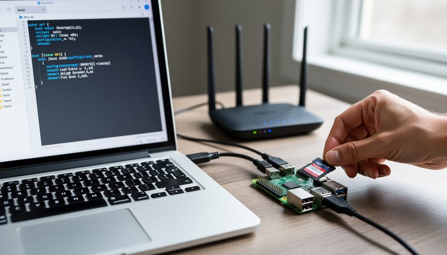 Person preparing SD card on laptop for headless Raspberry Pi WiFi configuration
