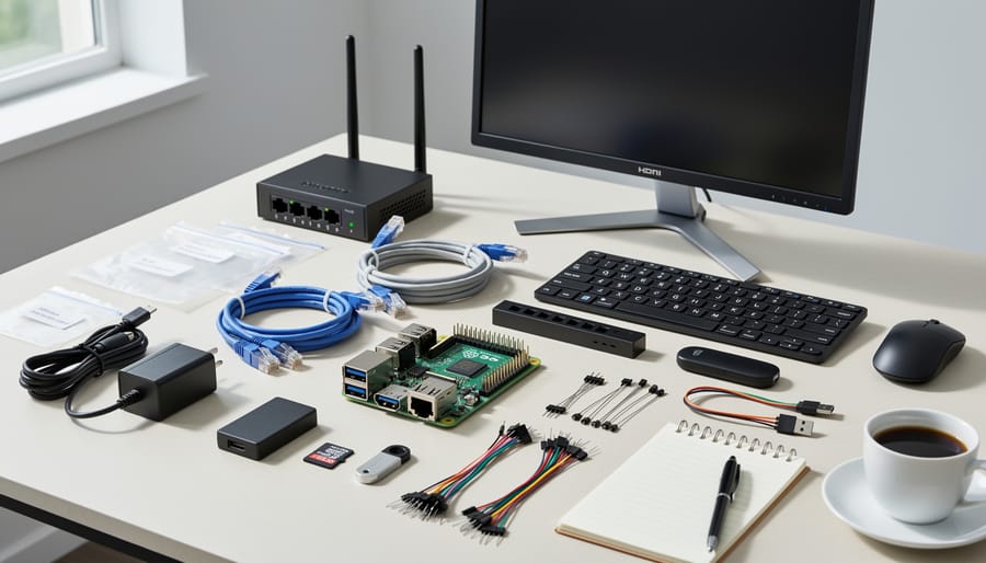 Overhead view of Raspberry Pi and networking equipment laid out on white surface