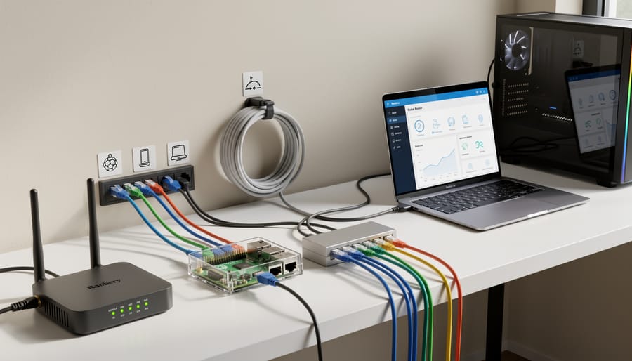 Network setup showing modem, Raspberry Pi, and computer connected with ethernet cables on desk