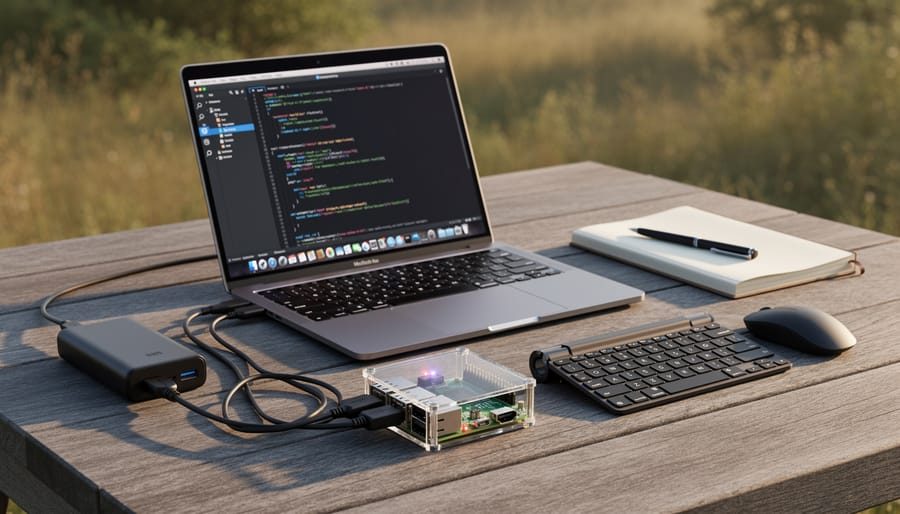 Portable Raspberry Pi setup being used with laptop in outdoor field environment