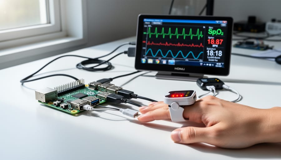 Close-up of pulse oximeter sensor attached to elderly patient's finger