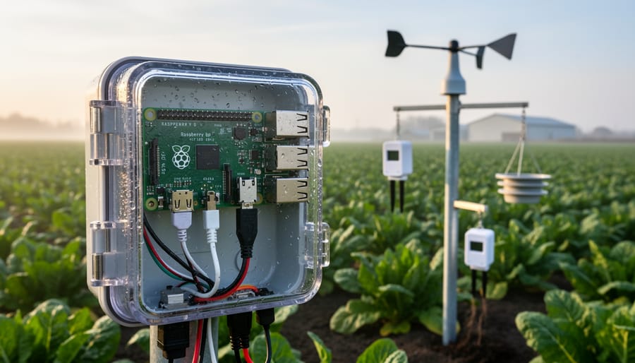 Raspberry Pi computer with attached sensors in protective housing for farm use
