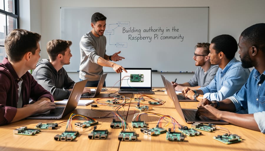 Group of makers collaborating on Raspberry Pi project at community workspace