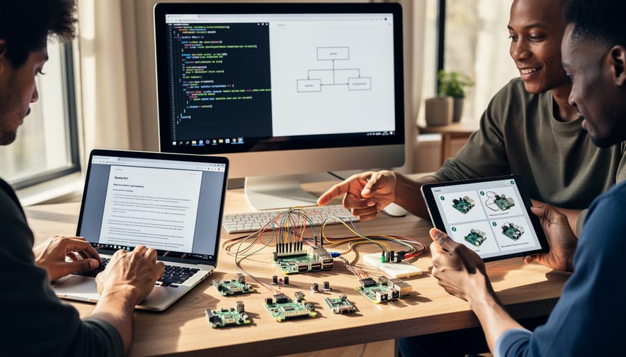 Overhead view of person working on laptop with Raspberry Pi board and notes on desk