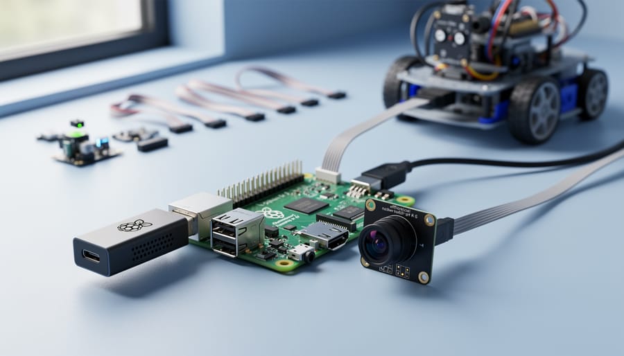 Close-up of a Raspberry Pi 4 with camera module and USB AI accelerator on a workbench, softly lit, with blurred sensors and a small robot chassis in the background, illustrating edge AI processing on-device.