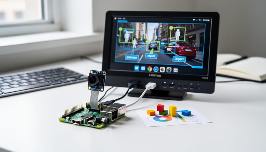 Raspberry Pi 4 board with camera module on workbench performing edge AI processing