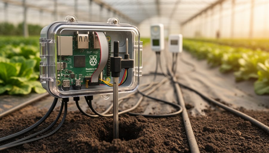 Close-up of a Raspberry Pi-based farm sensor hub in a clear weatherproof box, wired to a soil moisture probe and to temperature/humidity and light sensors in a greenhouse, with blurred plant rows and drip irrigation behind.