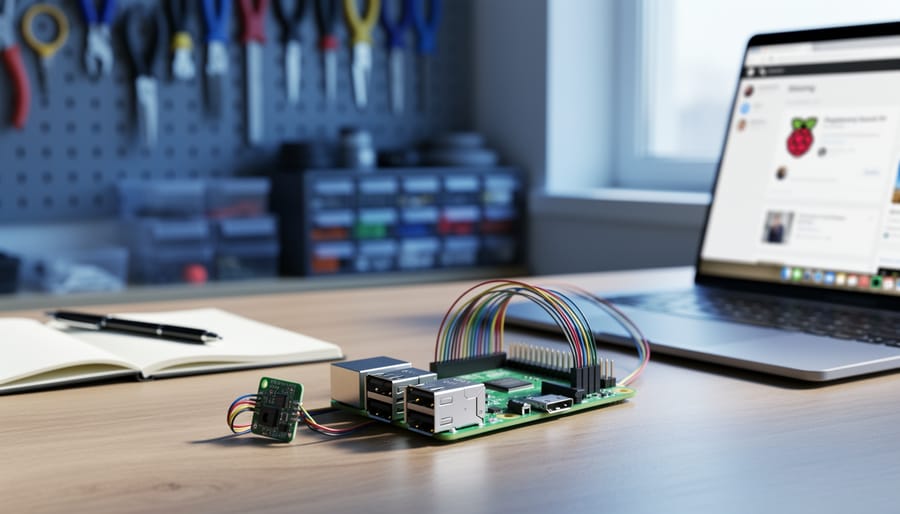 Close-up Raspberry Pi board with GPIO jumpers and a sensor on a wood workbench beside a laptop and notebook, soft daylight and blurred background of tools and screen suggesting maker-focused blogging outreach.