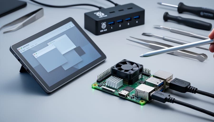 Close-up of a Raspberry Pi 4 with heatsinks and a small fan connected to a compact touch monitor being tapped with a stylus on a tidy workbench, photographed from a 45-degree angle with shallow depth of field and a blurred, textless interface in the background