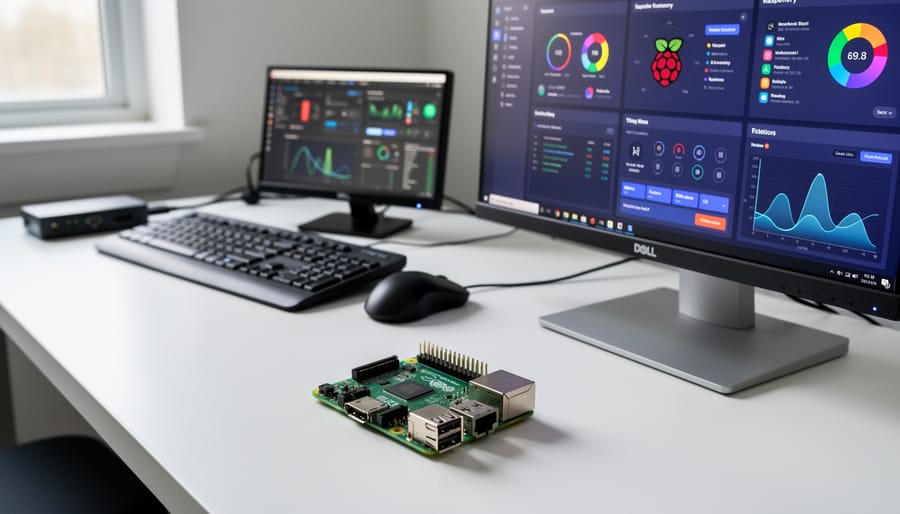Raspberry Pi 4 board connected to monitor displaying GUI interface on workspace desk