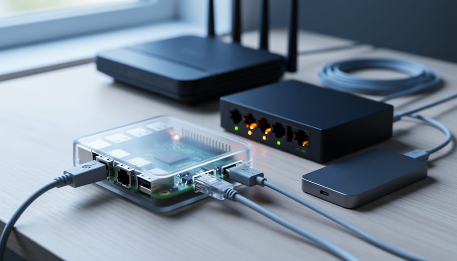 Close-up view of a Raspberry Pi 4 in a clear case connected via Ethernet, next to a small network switch and portable SSD on a wooden desk, with softly blurred router and cables in the background.