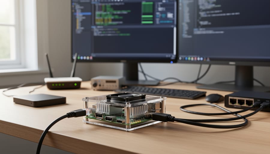 Raspberry Pi 4 board in clear case with cooling equipment on desk