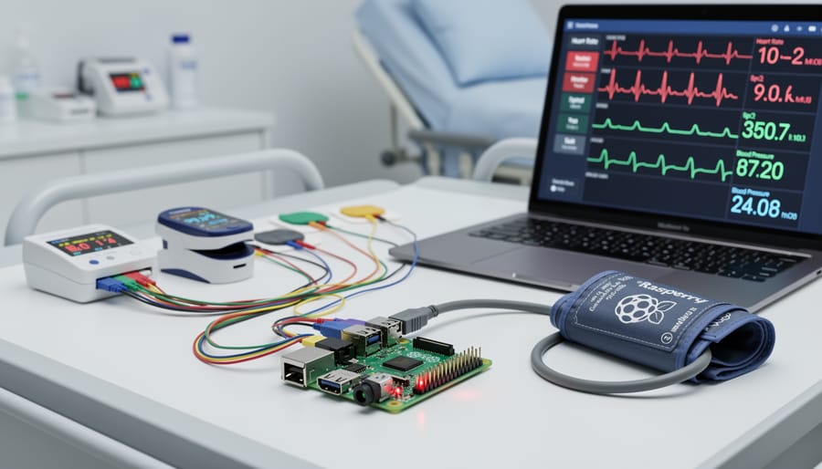 Raspberry Pi microcomputer connected to pulse sensor and display on laboratory workbench