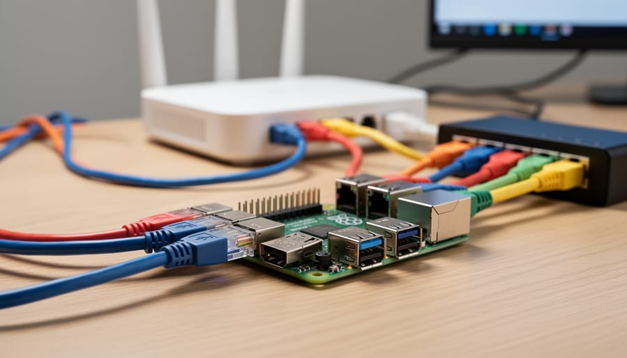 Raspberry Pi circuit board with USB ethernet adapter and ethernet cables connected