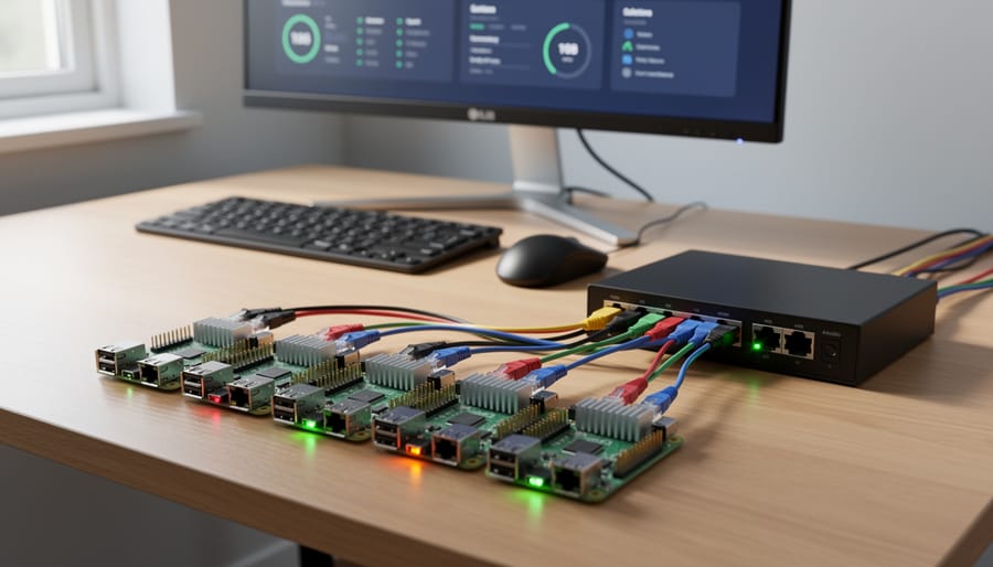 Multiple Raspberry Pi boards connected to network switch with glowing LED indicators