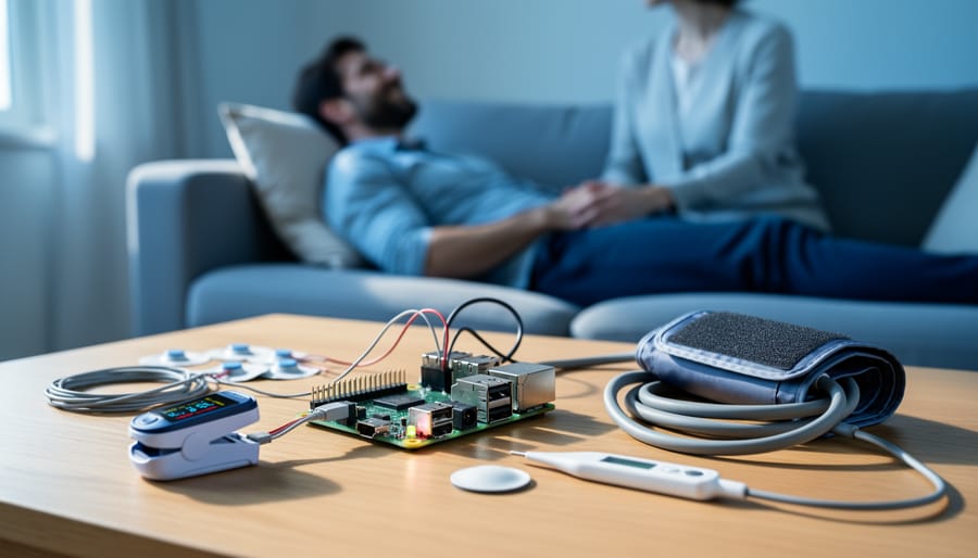 Close-up of an unbranded single-board computer connected to a pulse oximeter clip, ECG leads, temperature probe, and a blood pressure cuff on a wooden table, with a softly blurred patient and caregiver in a sunlit living room.