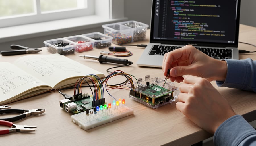 Raspberry Pi board with electronic components and wiring on maker workbench