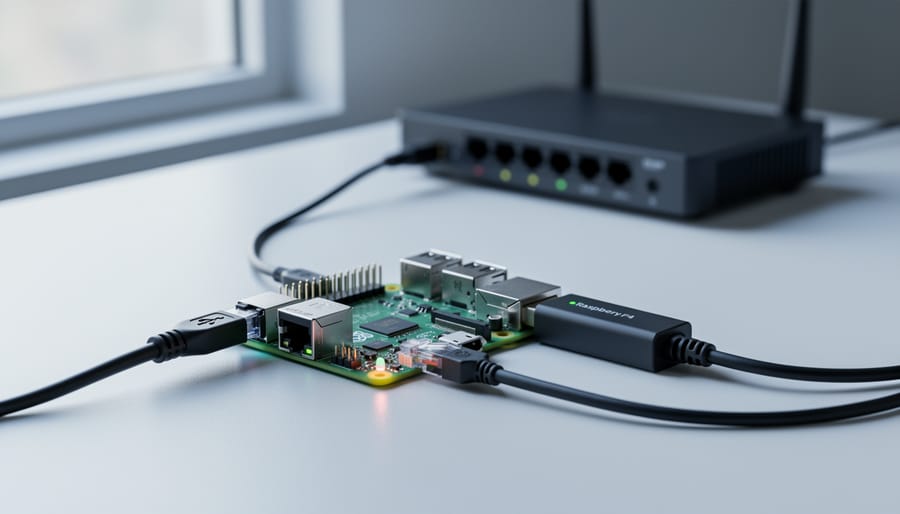 Raspberry Pi 4 on a desk acting as a network router with two Ethernet cables attached, one via a compact USB 3.0 gigabit Ethernet adapter, photographed from a 45-degree top angle in soft natural light, with a blurred modem and switch in the background.