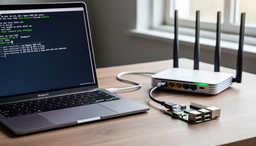 Person configuring Raspberry Pi server connected to laptop via ethernet cable