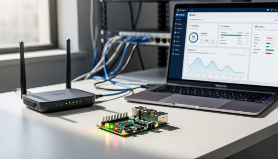Raspberry Pi with illuminated status LED connected wirelessly beside router in home network setup