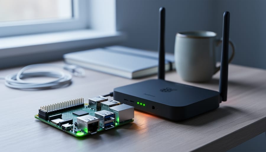Powered-on Raspberry Pi 4 beside a dual-antenna WiFi router on a wooden desk, photographed from a 45-degree angle with soft daylight and a blurred home office background.