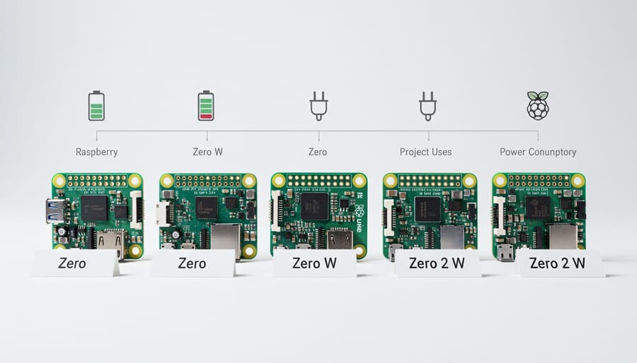 Three different Raspberry Pi Zero circuit boards arranged side by side showing size comparison