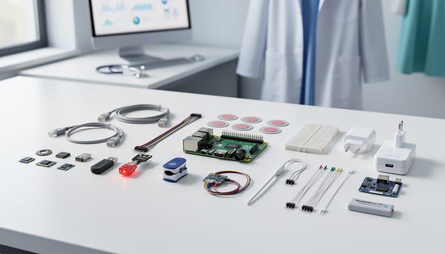 Overhead view of electronic components and medical sensors for Raspberry Pi healthcare project