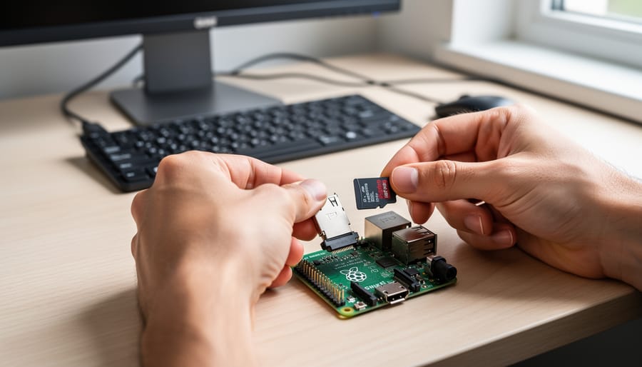 Close-up of SD card being inserted into Raspberry Pi board slot