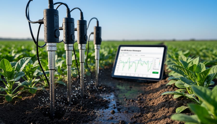 Soil moisture sensor probe inserted into dark agricultural soil with plant roots visible
