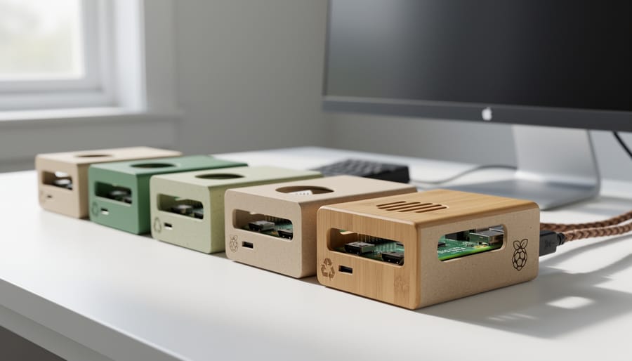 Raspberry Pi in eco-friendly wooden case operating in natural forest setting