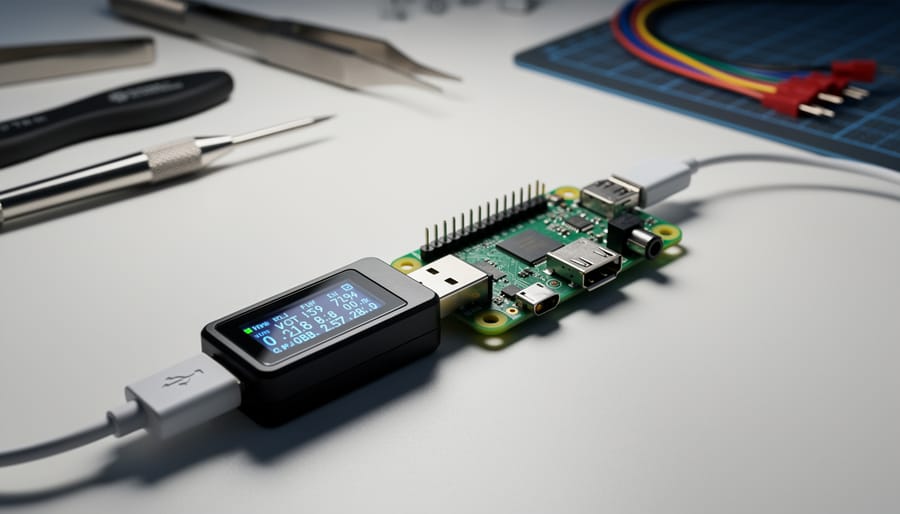 USB power meter connected to Raspberry Pi Zero showing power consumption measurement