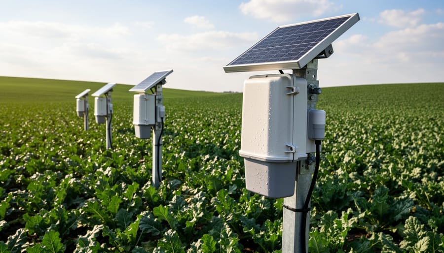 Weatherproof sensor station enclosure with solar panel mounted on post in farm field
